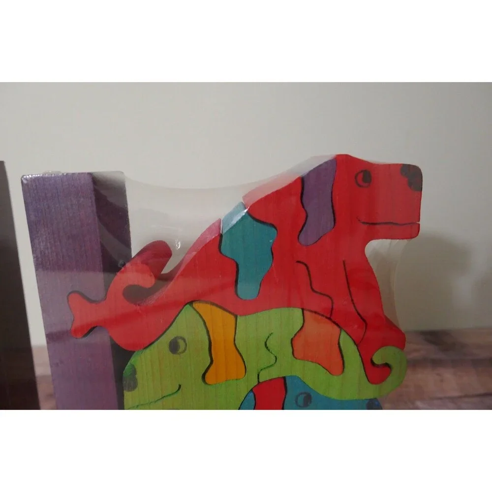 VTG New Wood Dog and Cat Puzzle Hand Made Bookends Nursery Child Room